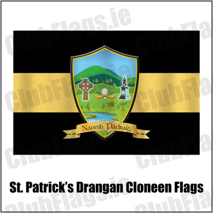 St. Patrick’s Drangan Cloneen Flags in black and gold, featuring the club crest on realistic fabric with gentle vertical folds; County Tipperary GAA. ClubFlags.ie.
