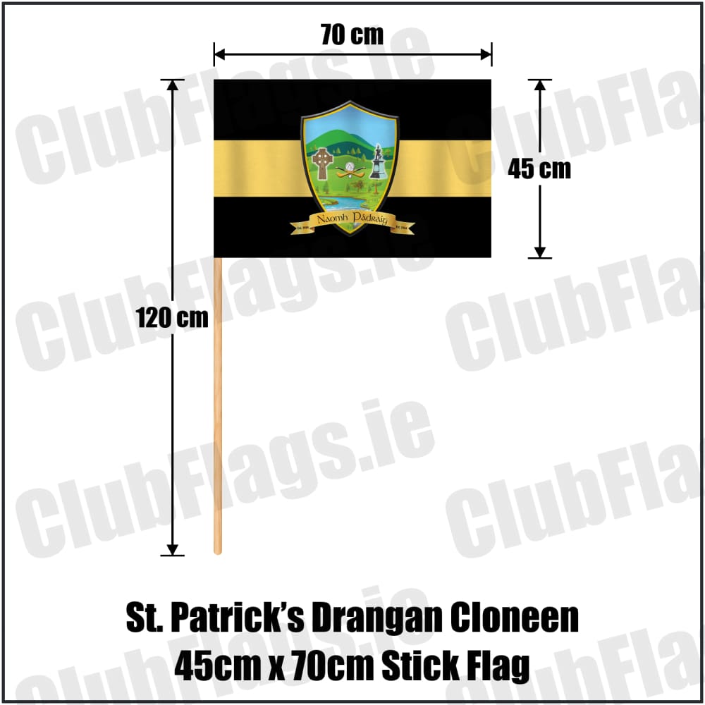 St. Patrick’s Drangan Cloneen 45cm x 70cm Stick Flag in black and gold, featuring the club crest on realistic fabric with gentle vertical folds; County Tipperary GAA. ClubFlags.ie.