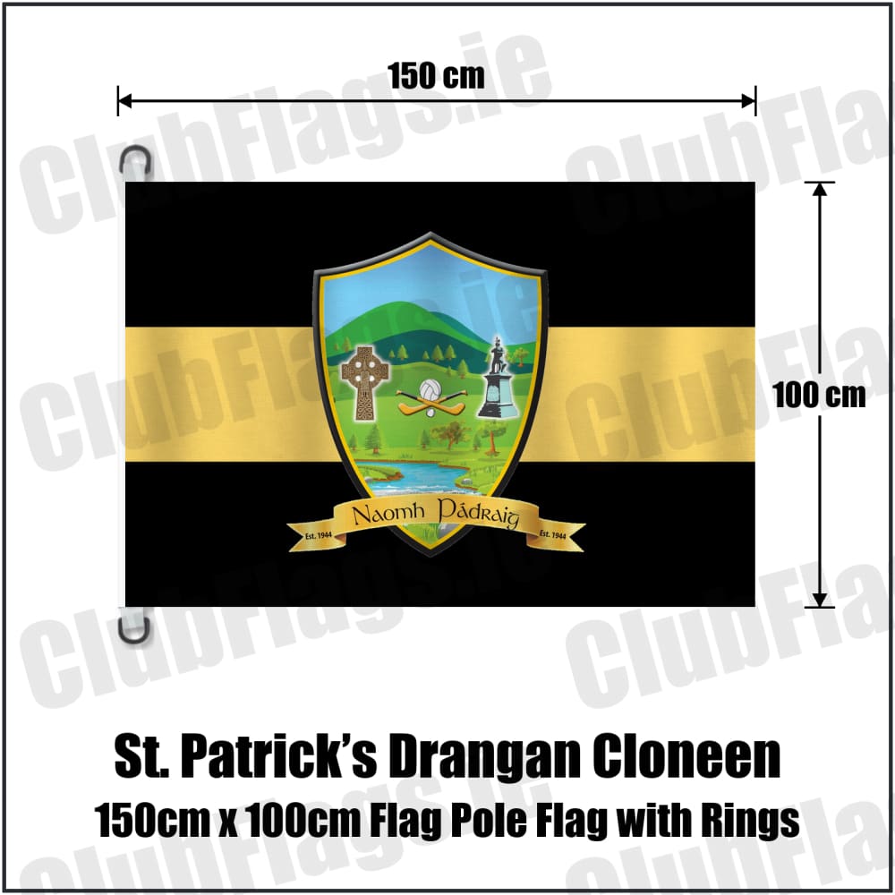 St. Patrick’s Drangan Cloneen 150cm x 100cm Flag Pole Flag with Rings in black and gold, featuring the club crest on realistic fabric with gentle vertical folds; County Tipperary GAA. ClubFlags.ie.