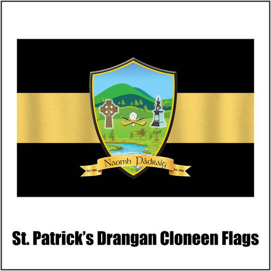 St. Patrick’s Drangan Cloneen Flags, featuring the club crest and black and gold colours; County Tipperary GAA. ClubFlags.ie.