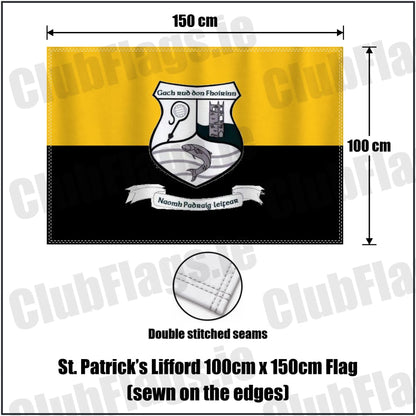 St. Patrick’s Lifford 100cm x 150cm Flag (sewn on the edges) in gold and black, featuring the club crest on realistic fabric with gentle vertical folds; County Donegal GAA. ClubFlags.ie.