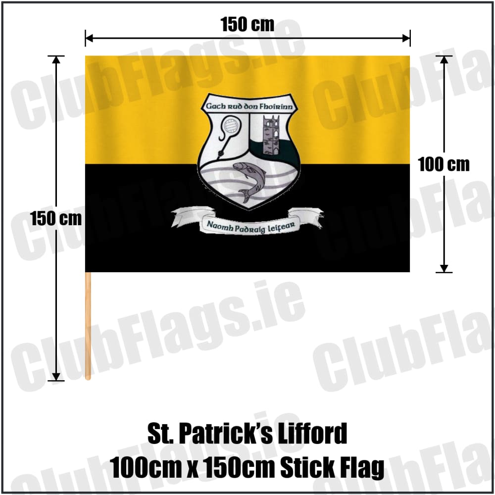 St. Patrick’s Lifford 100cm x 150cm Stick Flag in gold and black, featuring the club crest on realistic fabric with gentle vertical folds; County Donegal GAA. ClubFlags.ie.