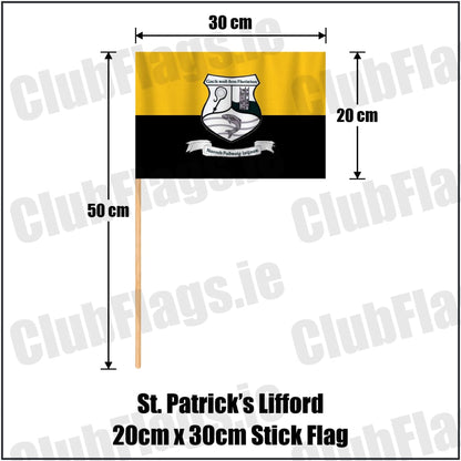 St. Patrick’s Lifford 20cm x 30cm Stick Flag in gold and black, featuring the club crest on realistic fabric with gentle vertical folds; County Donegal GAA. ClubFlags.ie.