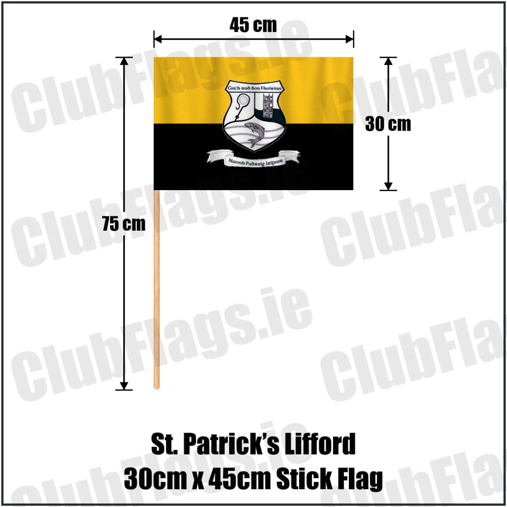 St. Patrick’s Lifford 30cm x 45cm Stick Flag in gold and black, featuring the club crest on realistic fabric with gentle vertical folds; County Donegal GAA. ClubFlags.ie.