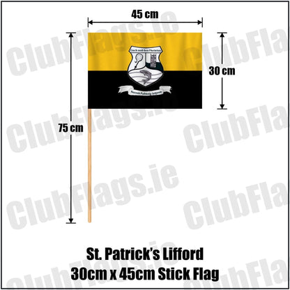 St. Patrick’s Lifford 30cm x 45cm Stick Flag in gold and black, featuring the club crest on realistic fabric with gentle vertical folds; County Donegal GAA. ClubFlags.ie.