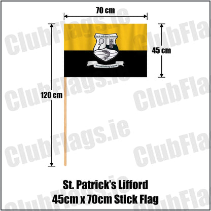 St. Patrick’s Lifford 45cm x 70cm Stick Flag in gold and black, featuring the club crest on realistic fabric with gentle vertical folds; County Donegal GAA. ClubFlags.ie.