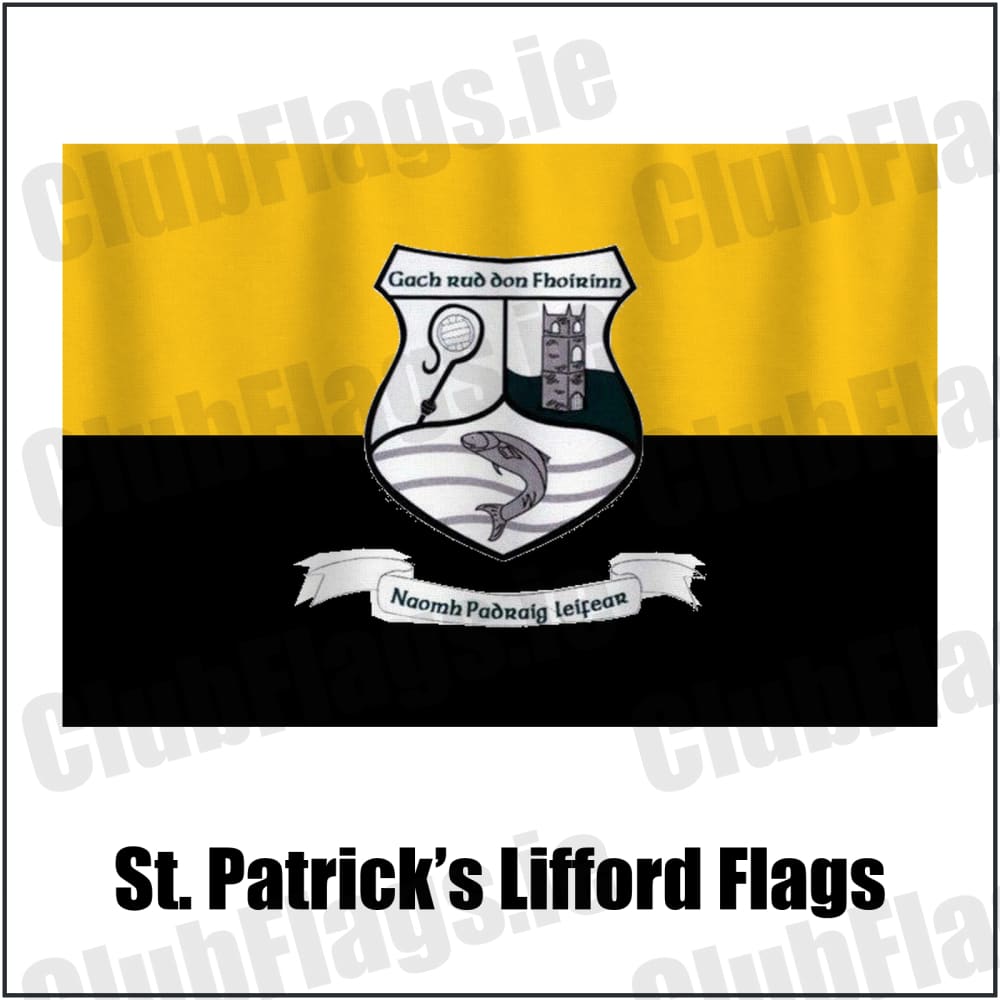 St. Patrick’s Lifford Flags in gold and black, featuring the club crest on realistic fabric with gentle vertical folds; County Donegal GAA. ClubFlags.ie.