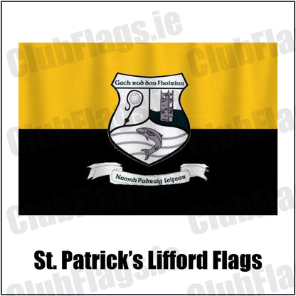St. Patrick’s Lifford Flags in gold and black, featuring the club crest on realistic fabric with gentle vertical folds; County Donegal GAA. ClubFlags.ie.
