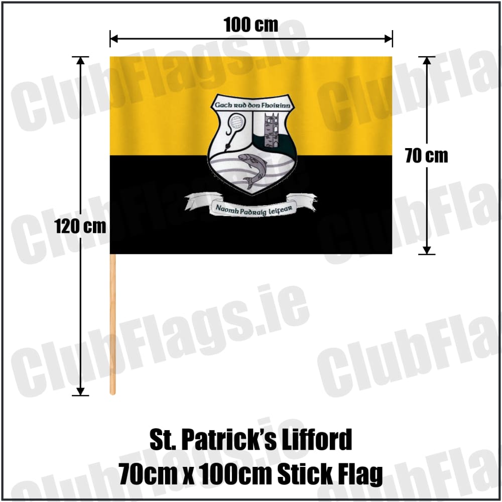 St. Patrick’s Lifford 70cm x 100cm Stick Flag in gold and black, featuring the club crest on realistic fabric with gentle vertical folds; County Donegal GAA. ClubFlags.ie.