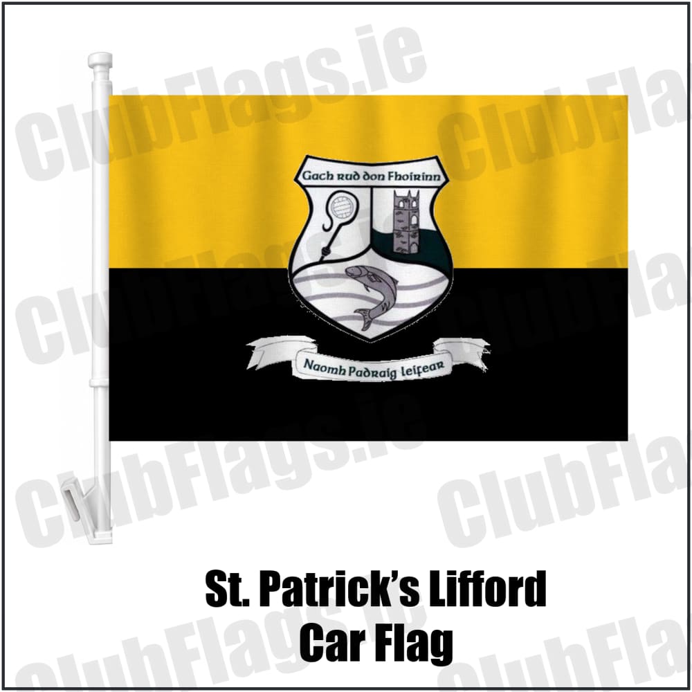 St. Patrick’s Lifford Car Flag in gold and black, featuring the club crest on realistic fabric with gentle vertical folds; County Donegal GAA. ClubFlags.ie.