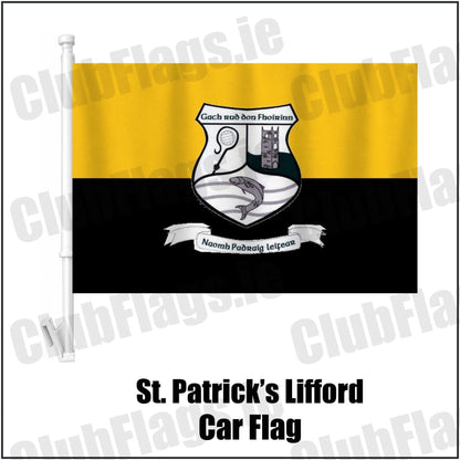 St. Patrick’s Lifford Car Flag in gold and black, featuring the club crest on realistic fabric with gentle vertical folds; County Donegal GAA. ClubFlags.ie.