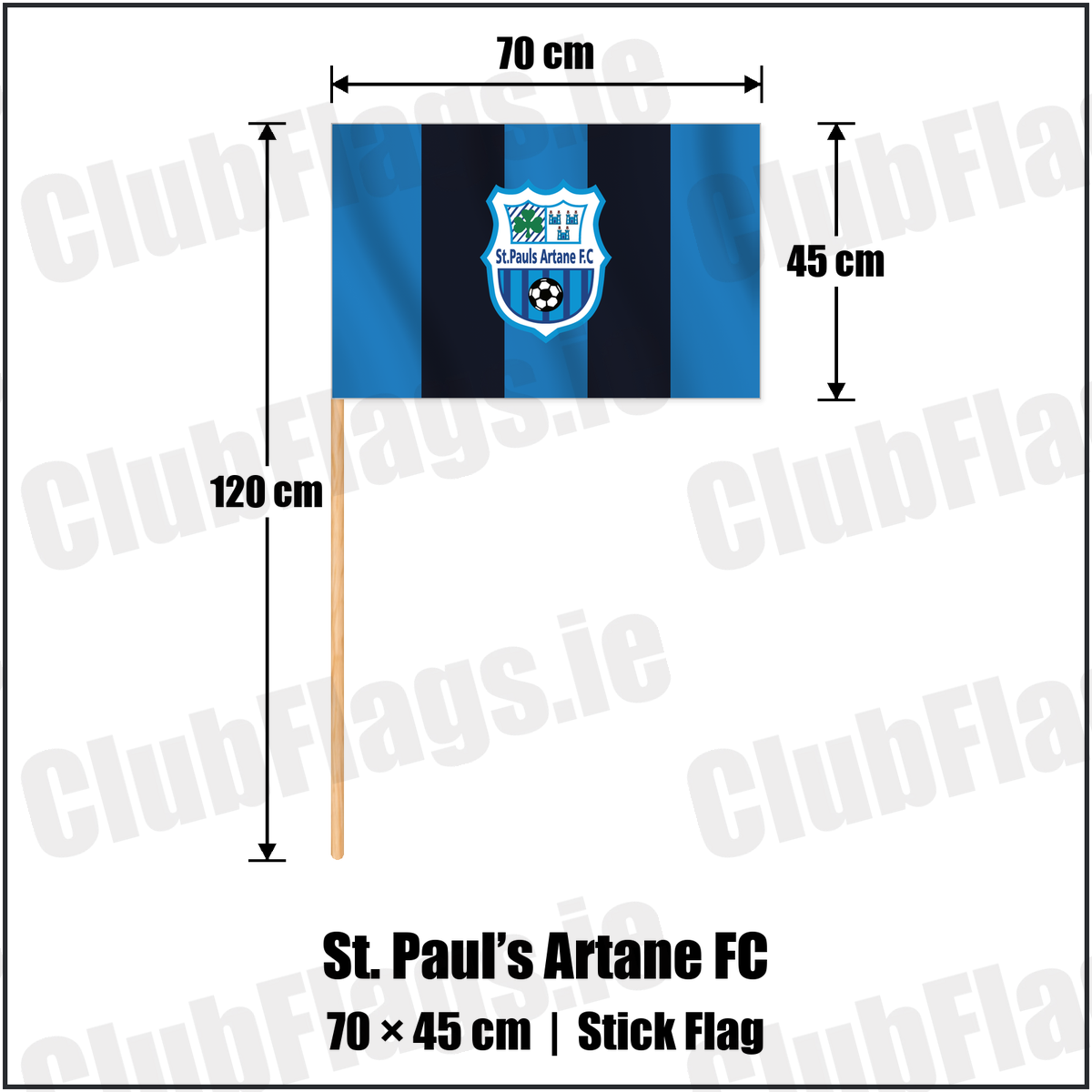 St. Paul’s Artane FC 45cm x 70cm Stick Flag with the club crest and colours, Dublin Football - ClubFlags.ie