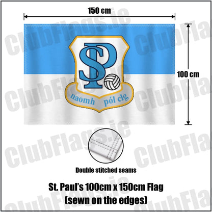 St. Paul’s 100cm x 150cm Flag (sewn on the edges) in light blue and white, featuring the club crest on realistic fabric with gentle vertical folds; County Westmeath GAA. ClubFlags.ie.