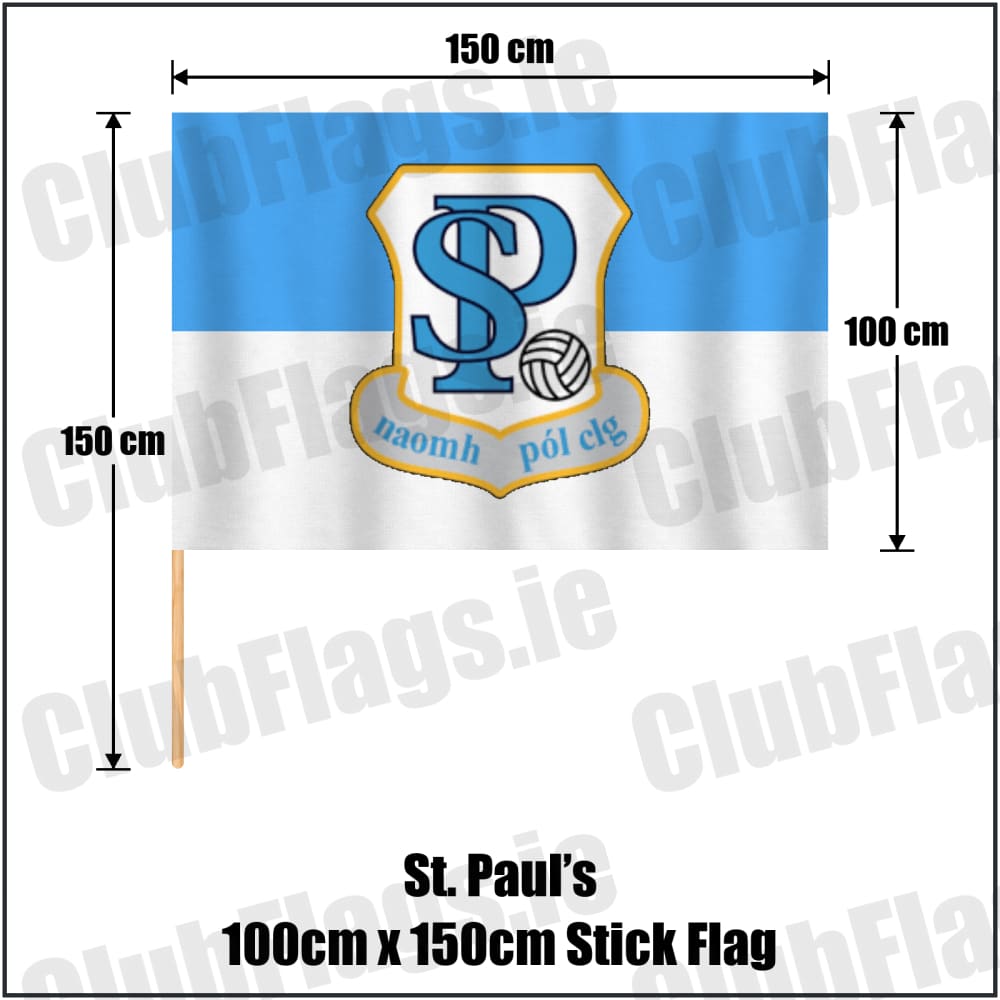 St. Paul’s 100cm x 150cm Stick Flag in light blue and white, featuring the club crest on realistic fabric with gentle vertical folds; County Westmeath GAA. ClubFlags.ie.