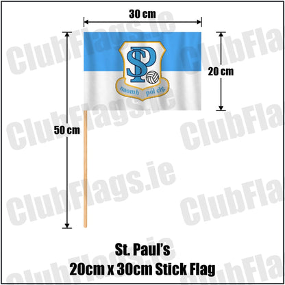 St. Paul’s 20cm x 30cm Stick Flag in light blue and white, featuring the club crest on realistic fabric with gentle vertical folds; County Westmeath GAA. ClubFlags.ie.