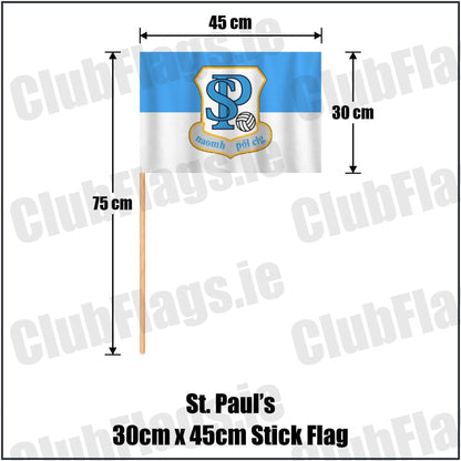 St. Paul’s 30cm x 45cm Stick Flag in light blue and white, featuring the club crest on realistic fabric with gentle vertical folds; County Westmeath GAA. ClubFlags.ie.