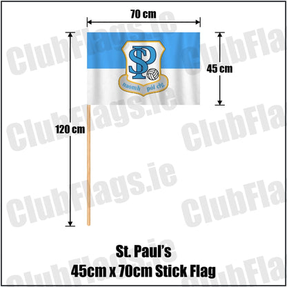 St. Paul’s 45cm x 70cm Stick Flag in light blue and white, featuring the club crest on realistic fabric with gentle vertical folds; County Westmeath GAA. ClubFlags.ie.