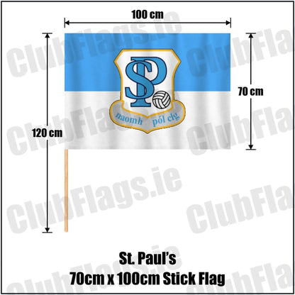 St. Paul’s 70cm x 100cm Stick Flag in light blue and white, featuring the club crest on realistic fabric with gentle vertical folds; County Westmeath GAA. ClubFlags.ie.