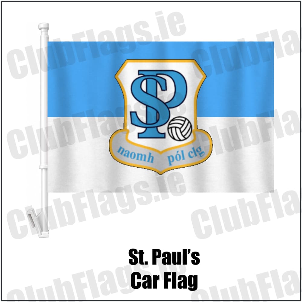 St. Paul’s Car Flag in light blue and white, featuring the club crest on realistic fabric with gentle vertical folds; County Westmeath GAA. ClubFlags.ie.
