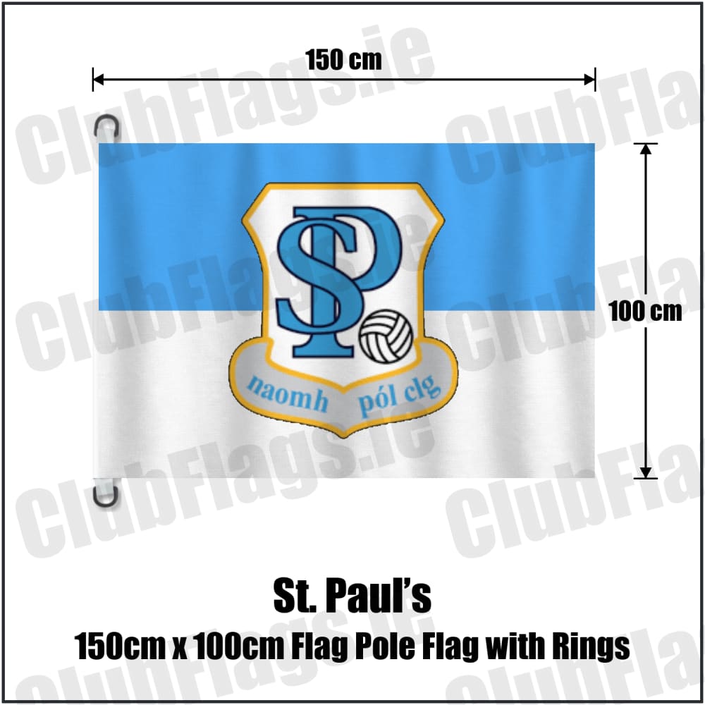 St. Paul’s 150cm x 100cm Flag Pole Flag with Rings in light blue and white, featuring the club crest on realistic fabric with gentle vertical folds; County Westmeath GAA. ClubFlags.ie.