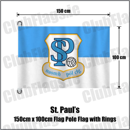 St. Paul’s 150cm x 100cm Flag Pole Flag with Rings in light blue and white, featuring the club crest on realistic fabric with gentle vertical folds; County Westmeath GAA. ClubFlags.ie.