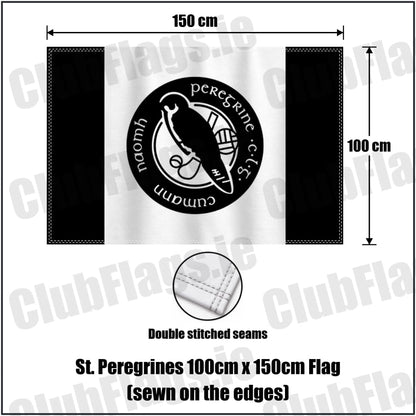 St. Peregrines 100cm x 150cm Flag (sewn on the edges) in black and white, featuring the club crest on realistic fabric with gentle vertical folds; County Dublin GAA. ClubFlags.ie.