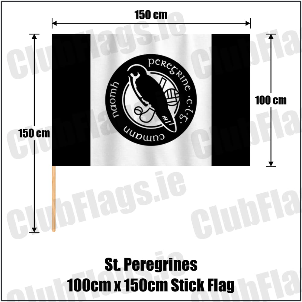 St. Peregrines 100cm x 150cm Stick Flag in black and white, featuring the club crest on realistic fabric with gentle vertical folds; County Dublin GAA. ClubFlags.ie.