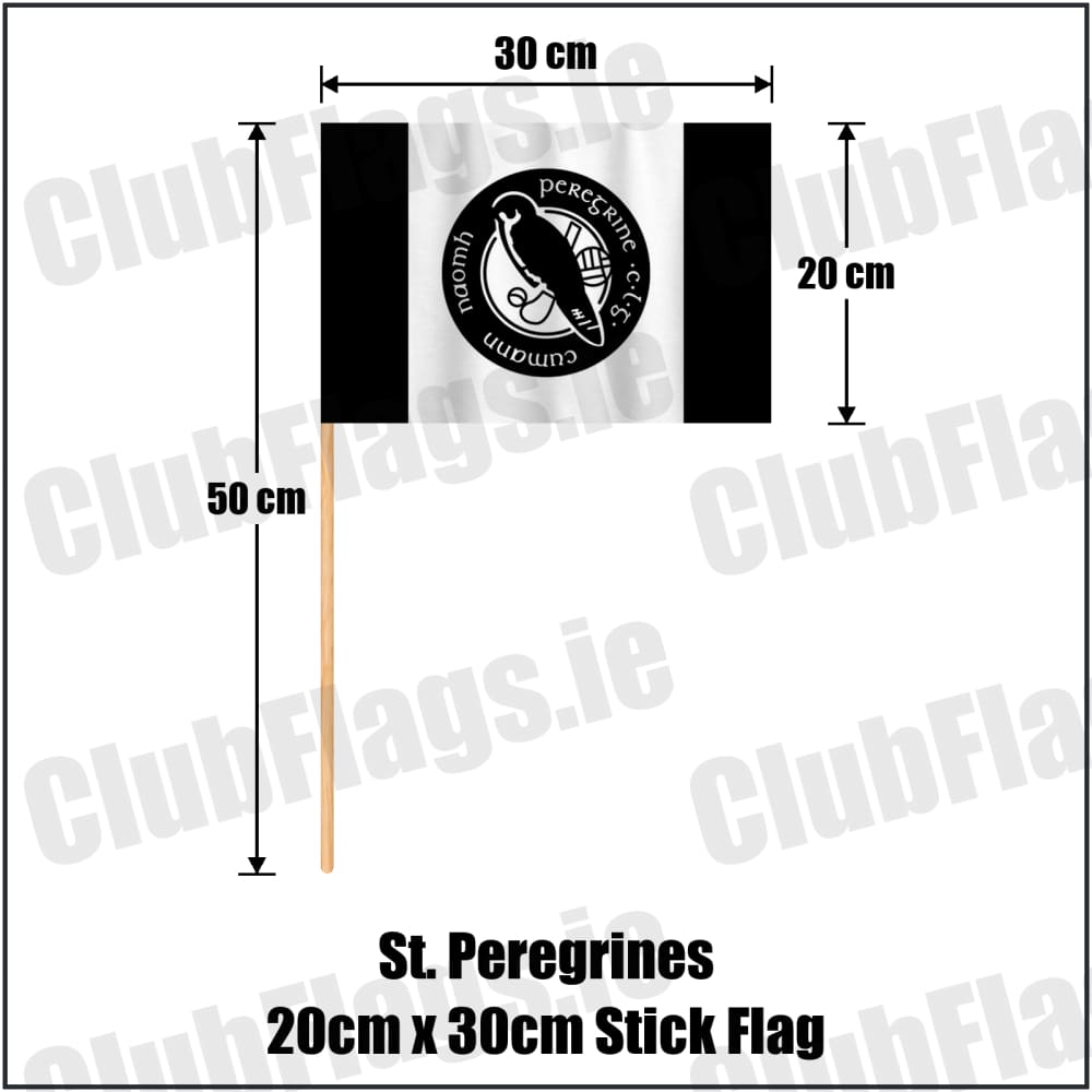 St. Peregrines 20cm x 30cm Stick Flag in black and white, featuring the club crest on realistic fabric with gentle vertical folds; County Dublin GAA. ClubFlags.ie.