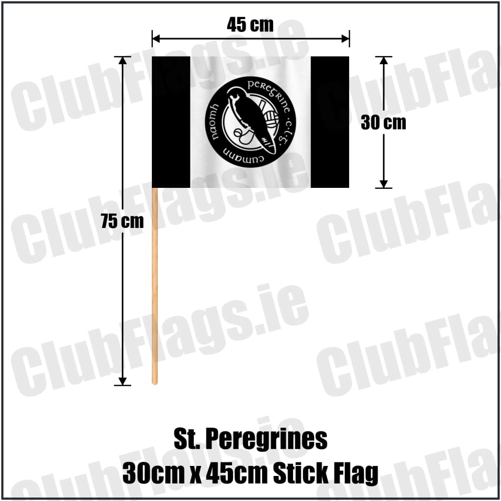 St. Peregrines 30cm x 45cm Stick Flag in black and white, featuring the club crest on realistic fabric with gentle vertical folds; County Dublin GAA. ClubFlags.ie.