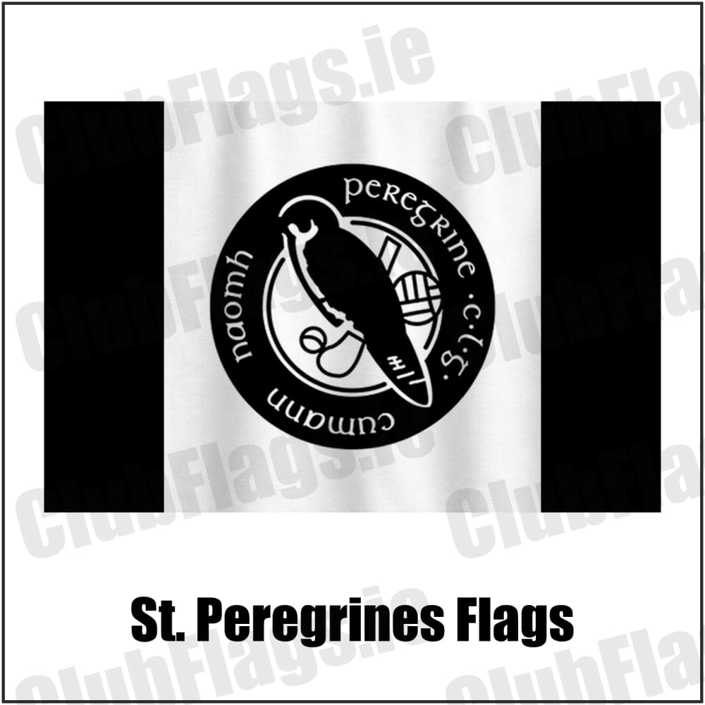 St. Peregrines Flags in black and white, featuring the club crest on realistic fabric with gentle vertical folds; County Dublin GAA. ClubFlags.ie.
