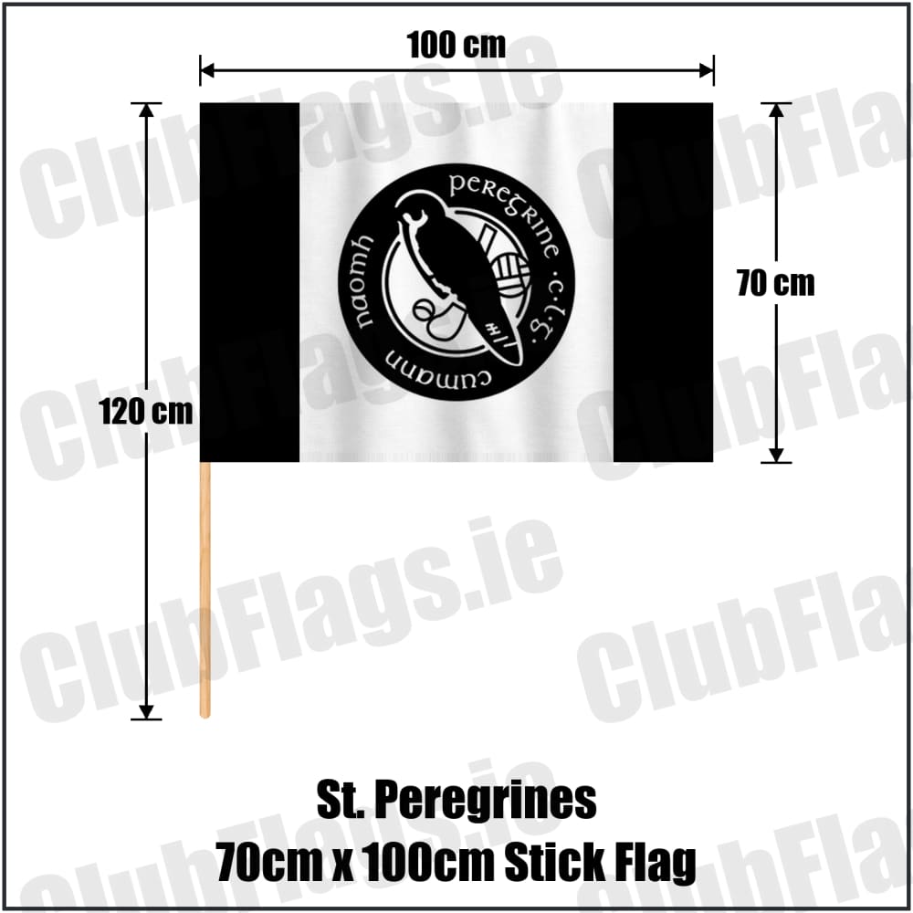 St. Peregrines 70cm x 100cm Stick Flag in black and white, featuring the club crest on realistic fabric with gentle vertical folds; County Dublin GAA. ClubFlags.ie.