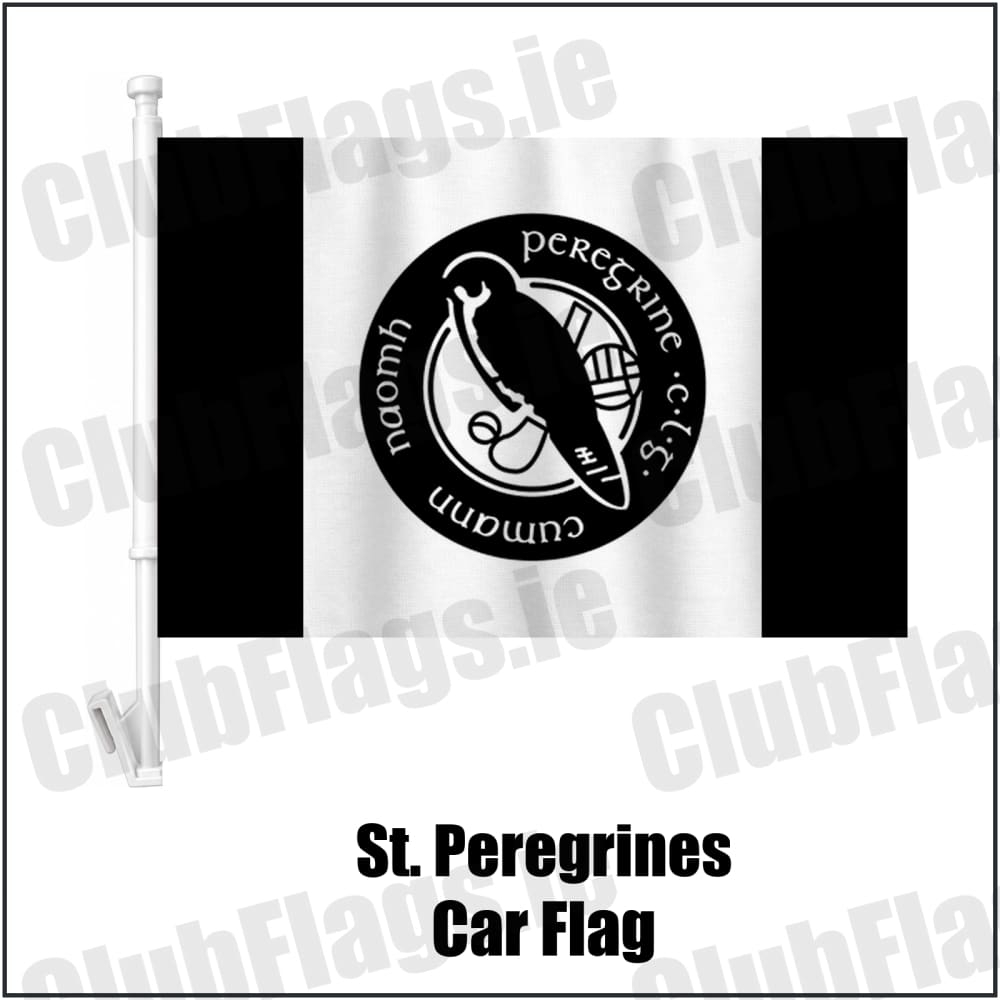 St. Peregrines Car Flag in black and white, featuring the club crest on realistic fabric with gentle vertical folds; County Dublin GAA. ClubFlags.ie.