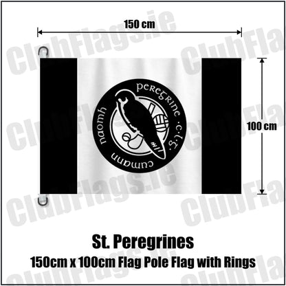 St. Peregrines 150cm x 100cm Flag Pole Flag with Rings in black and white, featuring the club crest on realistic fabric with gentle vertical folds; County Dublin GAA. ClubFlags.ie.