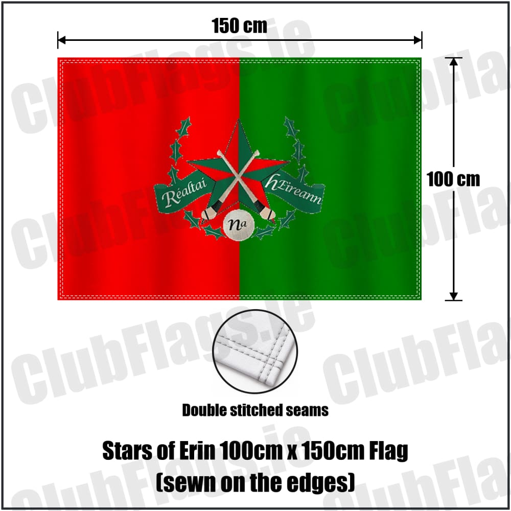 Stars of Erin 100cm x 150cm Flag (sewn on the edges) in red and green, featuring the club crest on realistic fabric with gentle vertical folds; County Dublin GAA. ClubFlags.ie.