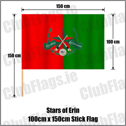Stars of Erin 100cm x 150cm Stick Flag in red and green, featuring the club crest on realistic fabric with gentle vertical folds; County Dublin GAA. ClubFlags.ie.