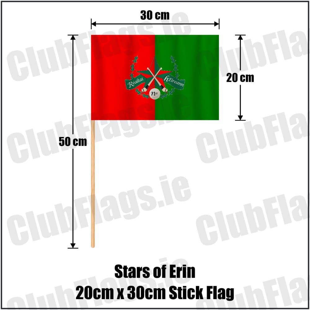 Stars of Erin 20cm x 30cm Stick Flag in red and green, featuring the club crest on realistic fabric with gentle vertical folds; County Dublin GAA. ClubFlags.ie.