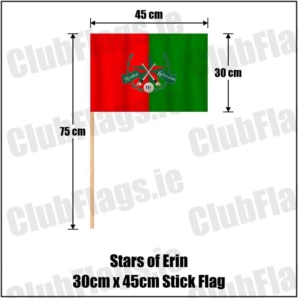 Stars of Erin 30cm x 45cm Stick Flag in red and green, featuring the club crest on realistic fabric with gentle vertical folds; County Dublin GAA. ClubFlags.ie.