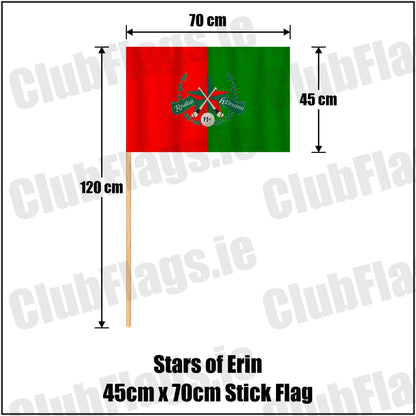 Stars of Erin 45cm x 70cm Stick Flag in red and green, featuring the club crest on realistic fabric with gentle vertical folds; County Dublin GAA. ClubFlags.ie.