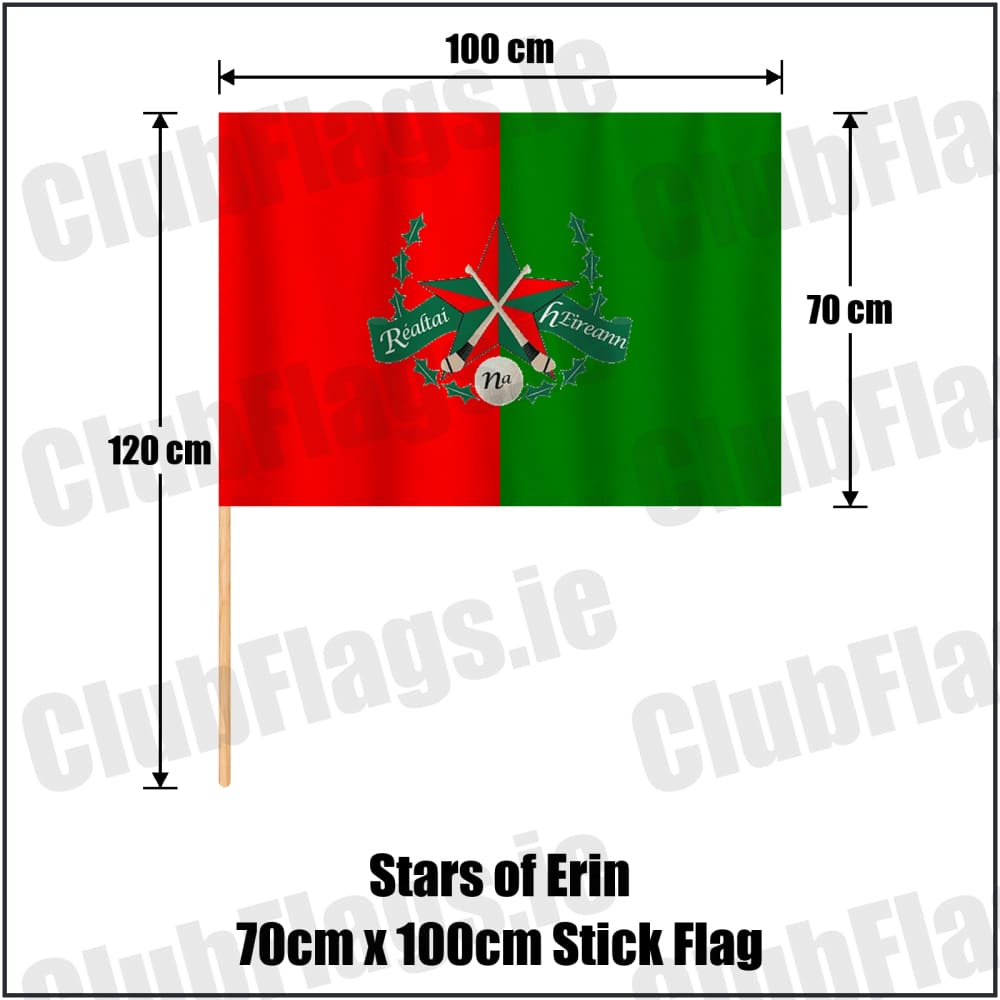 Stars of Erin 70cm x 100cm Stick Flag in red and green, featuring the club crest on realistic fabric with gentle vertical folds; County Dublin GAA. ClubFlags.ie.