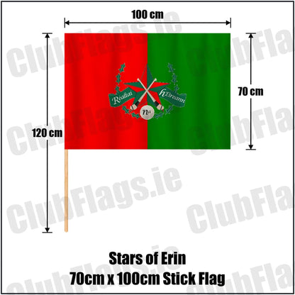 Stars of Erin 70cm x 100cm Stick Flag in red and green, featuring the club crest on realistic fabric with gentle vertical folds; County Dublin GAA. ClubFlags.ie.