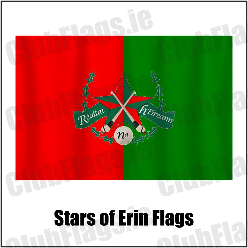 Stars of Erin Flags in red and green, featuring the club crest on realistic fabric with gentle vertical folds; County Dublin GAA. ClubFlags.ie.