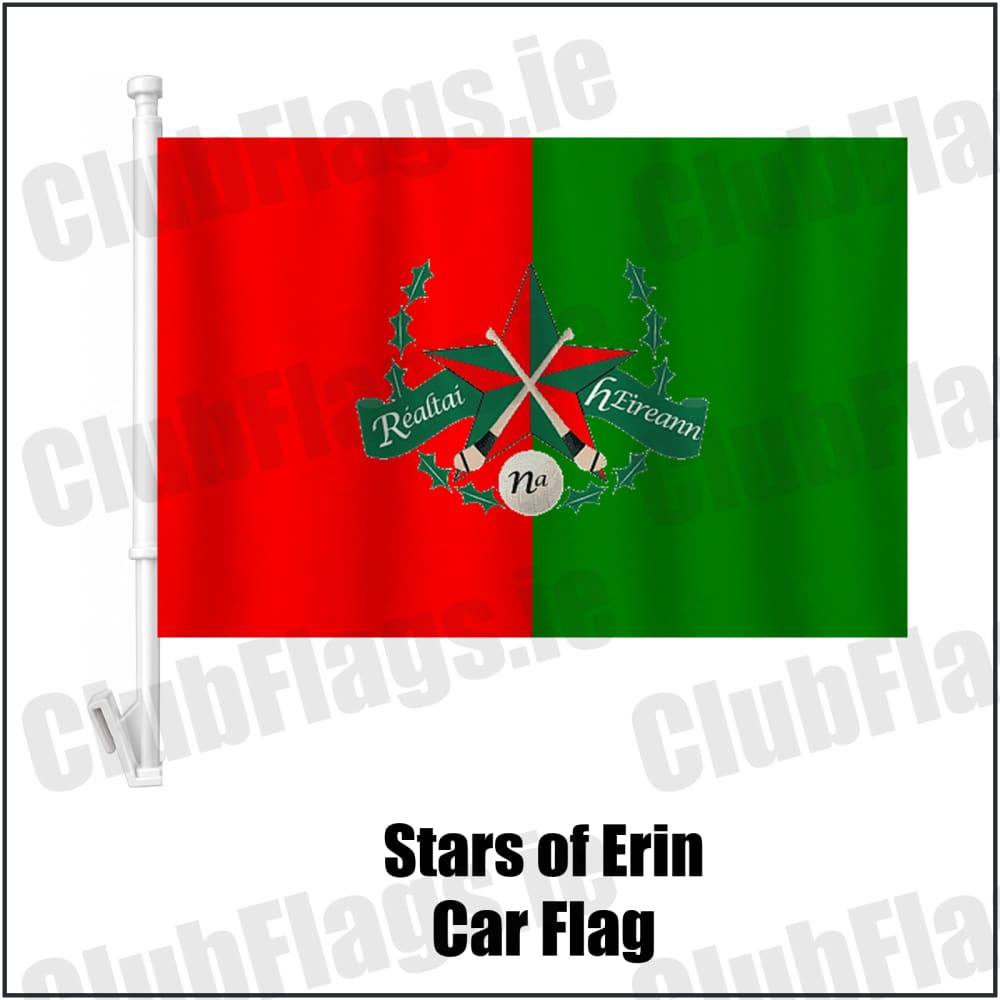 Stars of Erin Car Flag in red and green, featuring the club crest on realistic fabric with gentle vertical folds; County Dublin GAA. ClubFlags.ie.