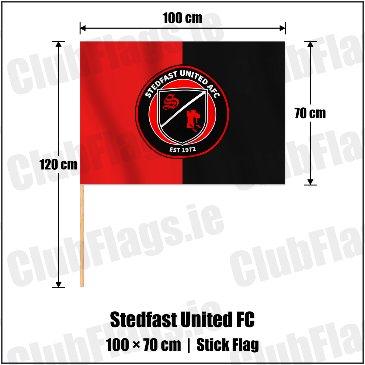Stedfast United FC 70cm x 100cm Stick Flag with the verified club crest and colours, Dublin Football - ClubFlags.ie