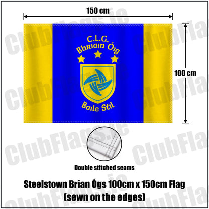 Steelstown Brian Ógs 100cm x 150cm Flag (sewn on the edges) in blue and gold, featuring the club crest on realistic fabric with gentle vertical folds; County Derry GAA. ClubFlags.ie.