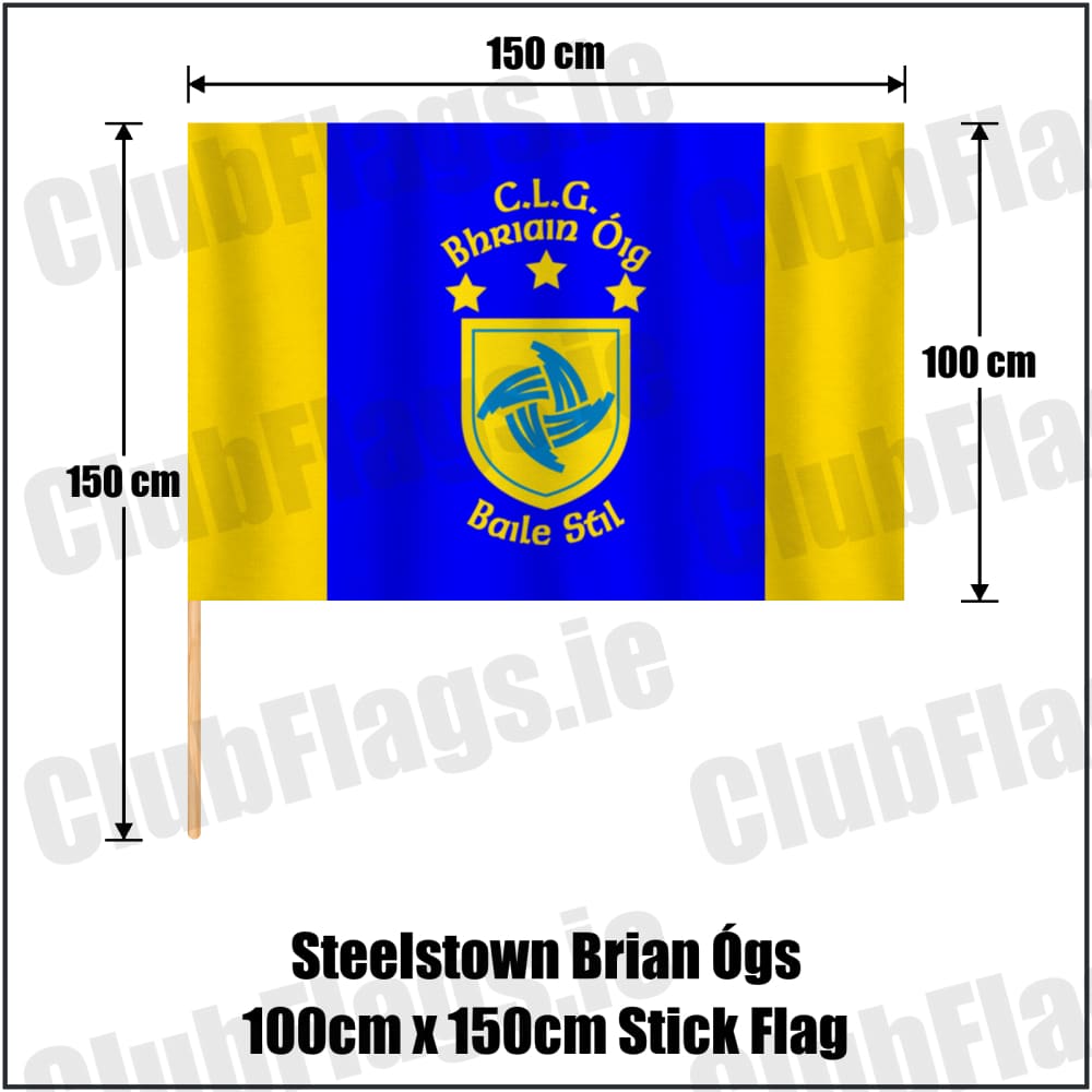 Steelstown Brian Ógs 100cm x 150cm Stick Flag in blue and gold, featuring the club crest on realistic fabric with gentle vertical folds; County Derry GAA. ClubFlags.ie.