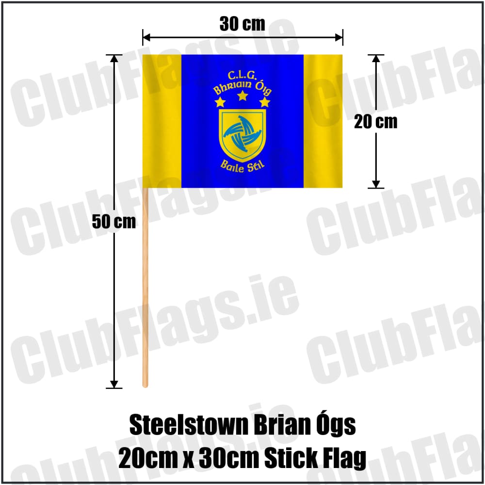 Steelstown Brian Ógs 20cm x 30cm Stick Flag in blue and gold, featuring the club crest on realistic fabric with gentle vertical folds; County Derry GAA. ClubFlags.ie.
