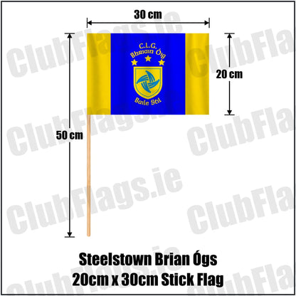 Steelstown Brian Ógs 20cm x 30cm Stick Flag in blue and gold, featuring the club crest on realistic fabric with gentle vertical folds; County Derry GAA. ClubFlags.ie.