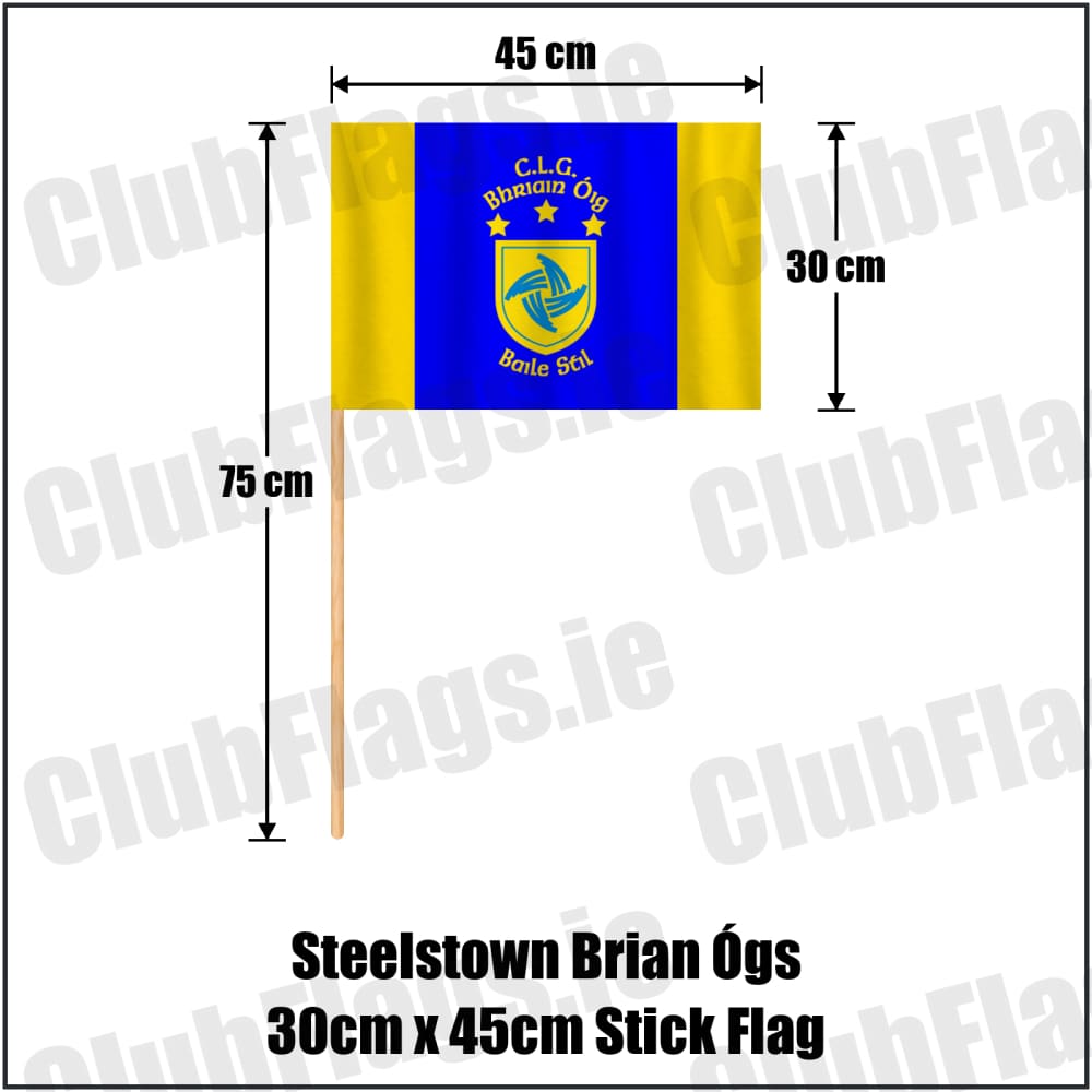 Steelstown Brian Ógs 30cm x 45cm Stick Flag in blue and gold, featuring the club crest on realistic fabric with gentle vertical folds; County Derry GAA. ClubFlags.ie.