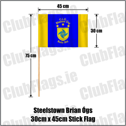 Steelstown Brian Ógs 30cm x 45cm Stick Flag in blue and gold, featuring the club crest on realistic fabric with gentle vertical folds; County Derry GAA. ClubFlags.ie.
