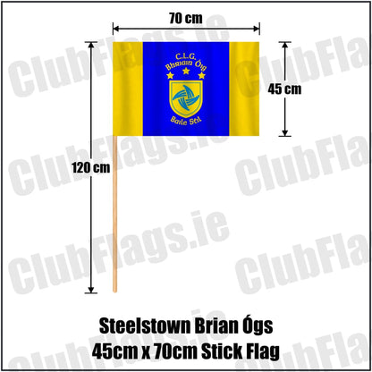 Steelstown Brian Ógs 45cm x 70cm Stick Flag in blue and gold, featuring the club crest on realistic fabric with gentle vertical folds; County Derry GAA. ClubFlags.ie.